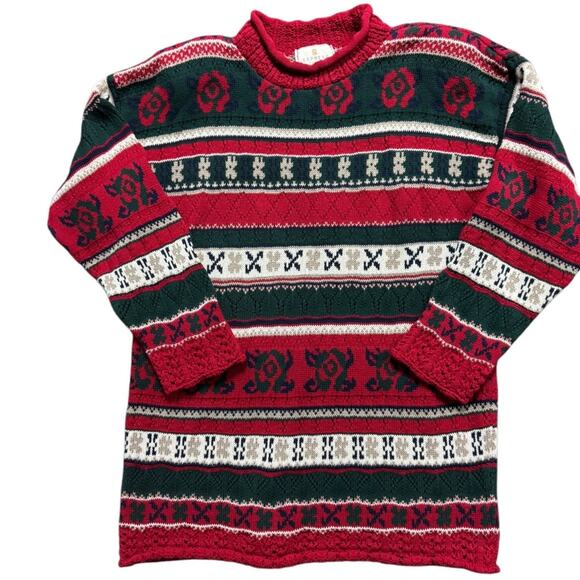 Vintage Express Tricot Cotton Tunic Length Sweater Size Large Red Blue Green - Picture 1 of 9